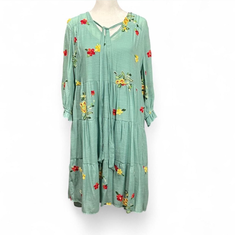 Fig and Flower Green Floral Embroidered Tiered Dress Boho Cottagecore  Medium